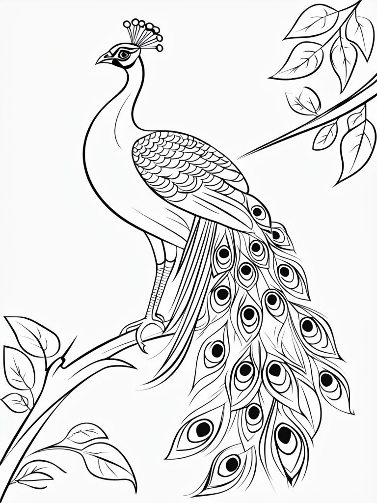 Elegant Black and White Peacock Outline Drawing for Coloring Book Pages