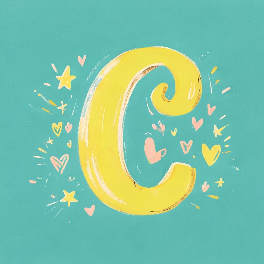 Playful Yellow Monogram C with Stars and Hearts Art