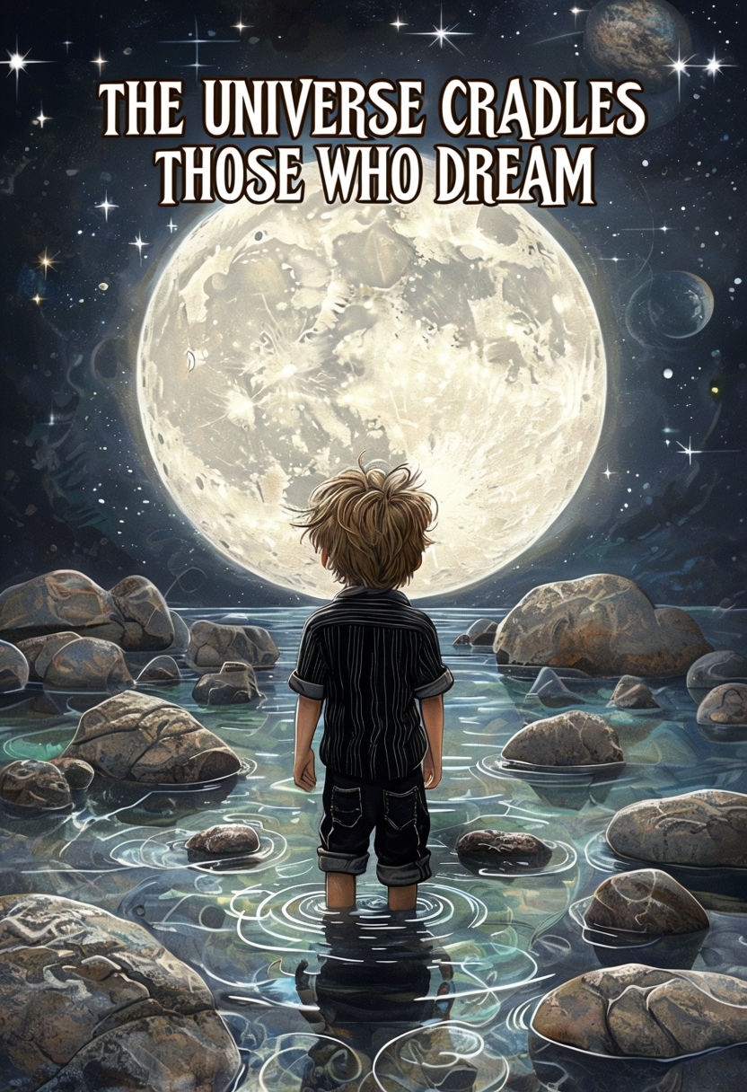 Mystical Night Scene of Boy Gazing at Full Moon Illustration Social Media Post