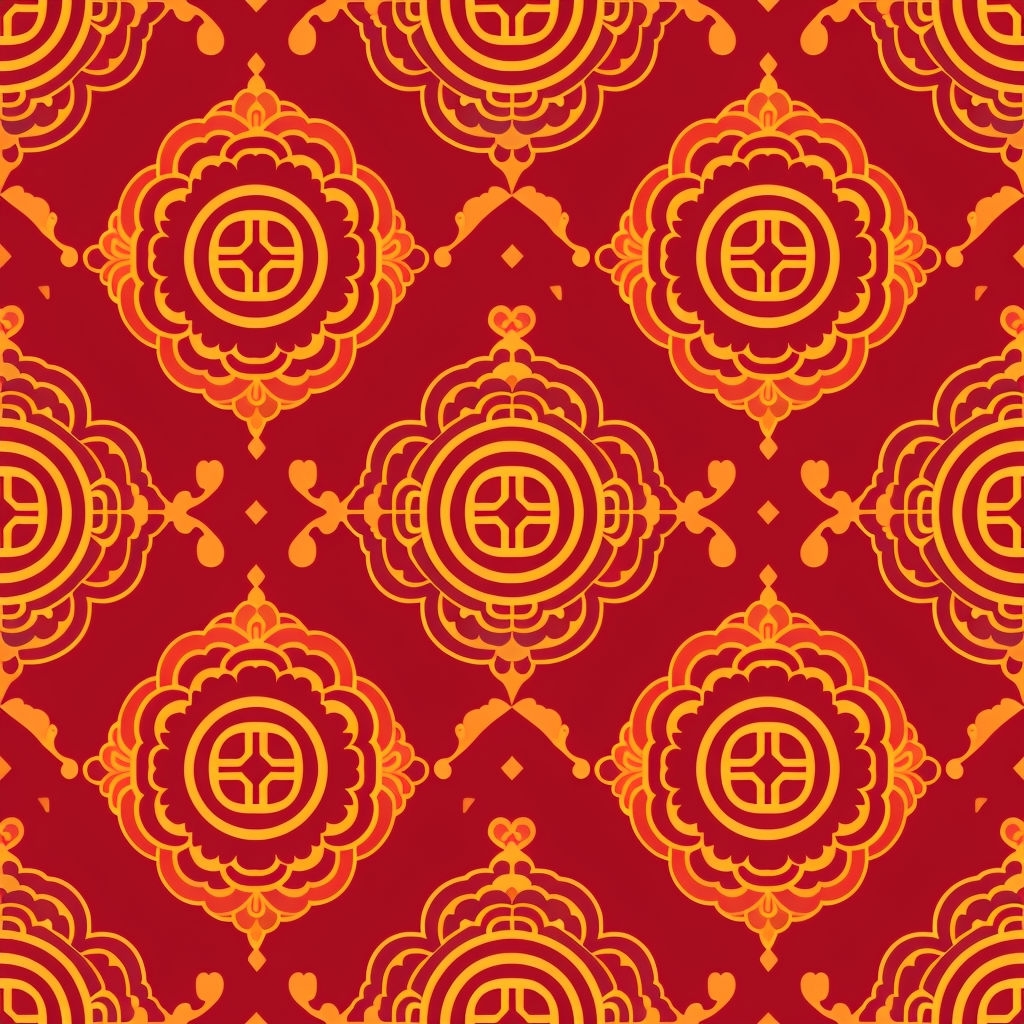 Traditional Chinese Motifs Seamless Pattern in Crimson and Gold