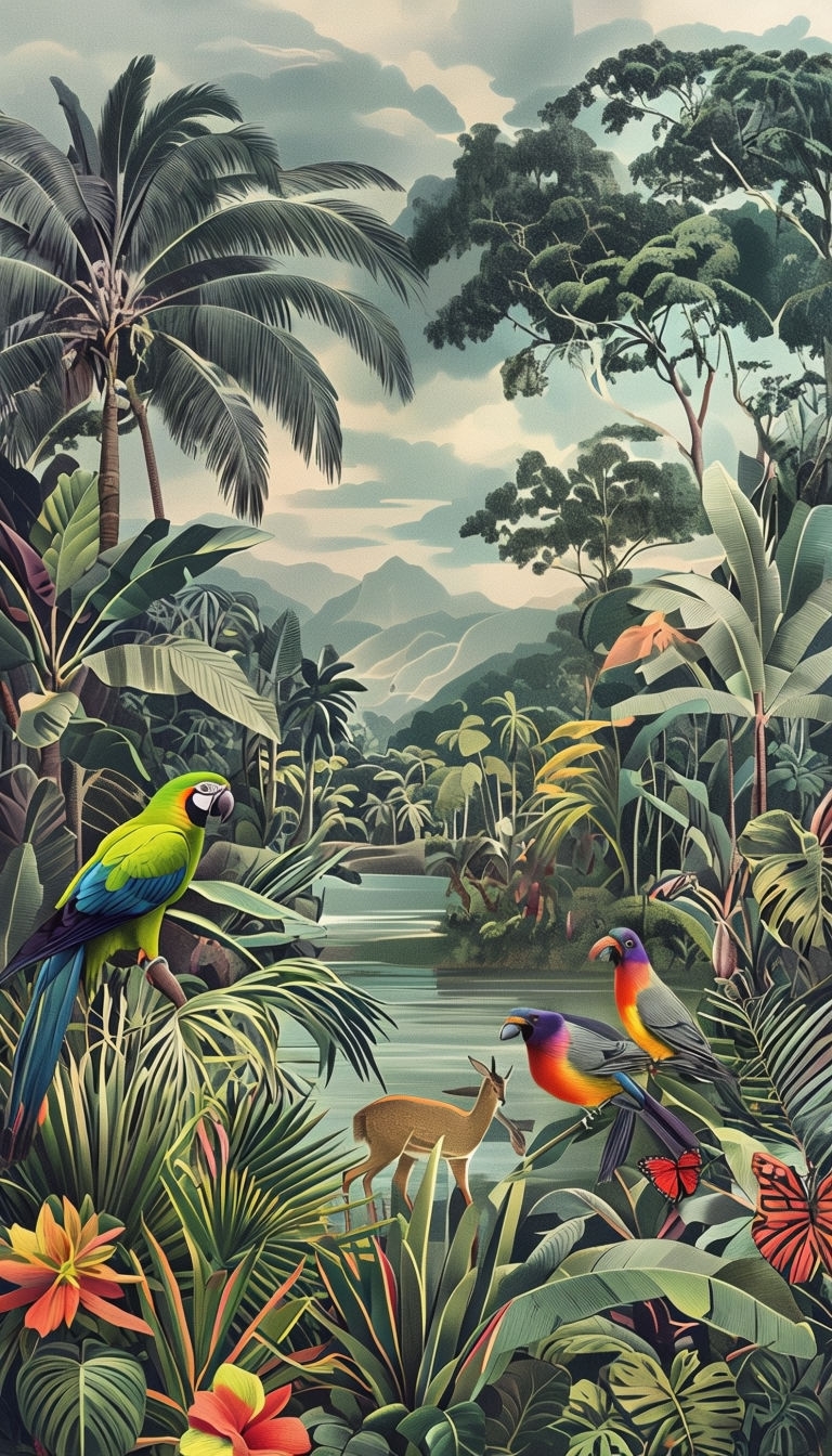 Vibrant Tropical Landscape with Diverse Wildlife Illustration Art