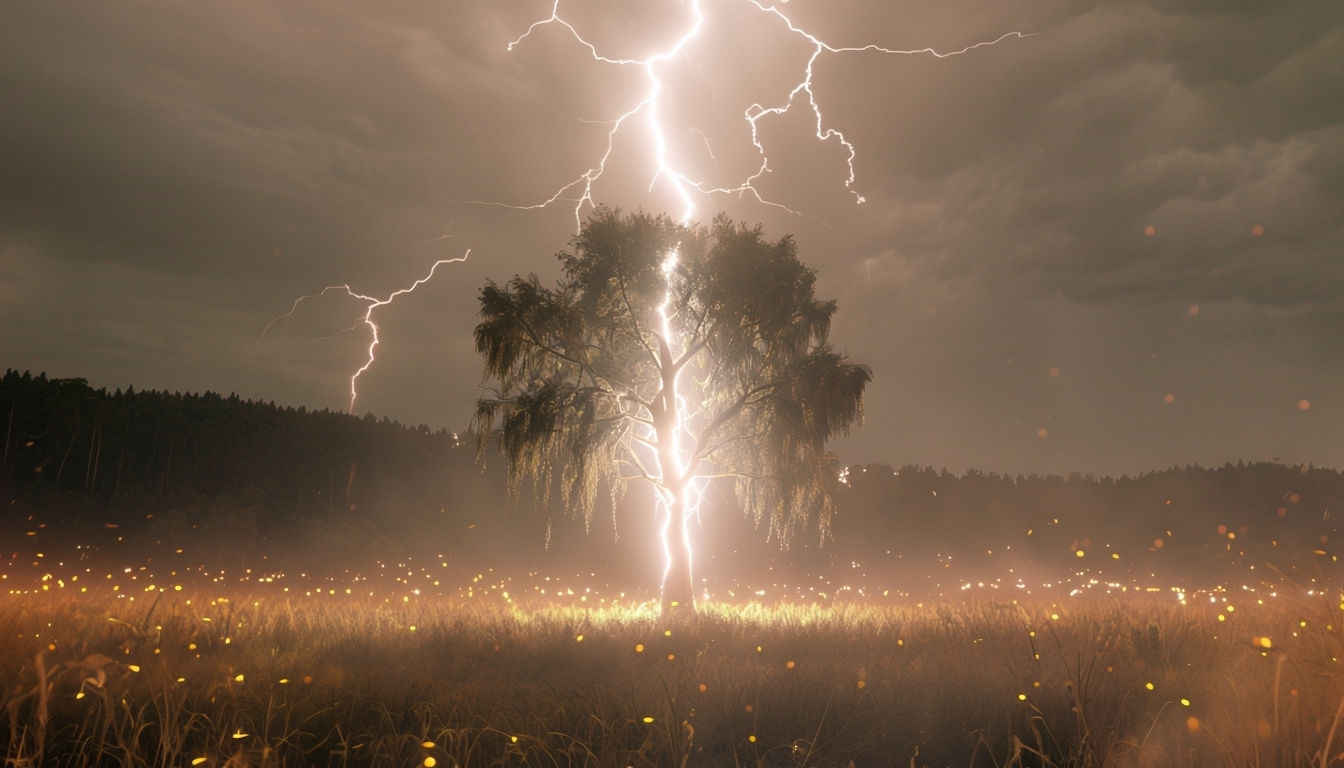 Dramatic Lightning Strike on Tree in Stormy Night Virtual Background