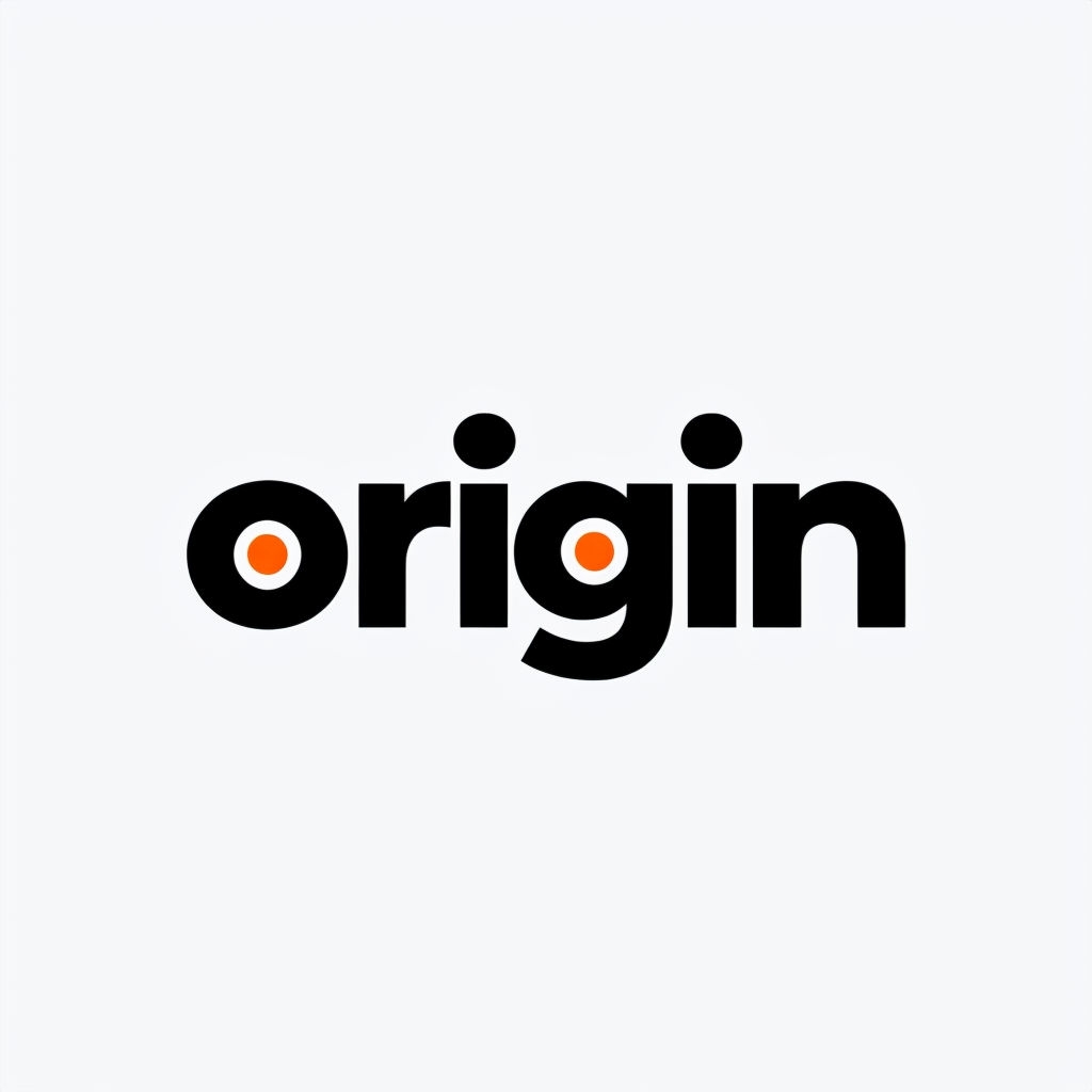 Minimalist Black Origin Logo with Playful Orange Circles Logo