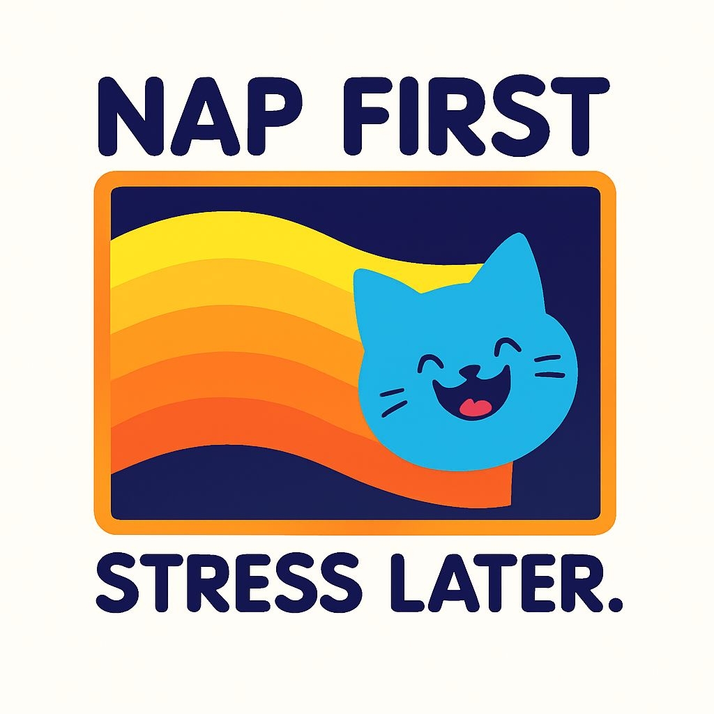 Playful Blue Cat NAP FIRST Stress LATER Cartoon Sticker