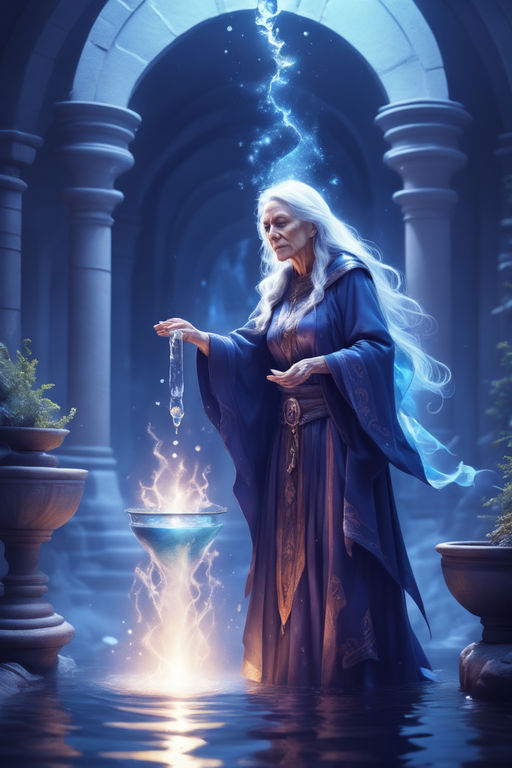 Old sorcerer woman summoning water and healing magic by Adrian Gonzalez ...