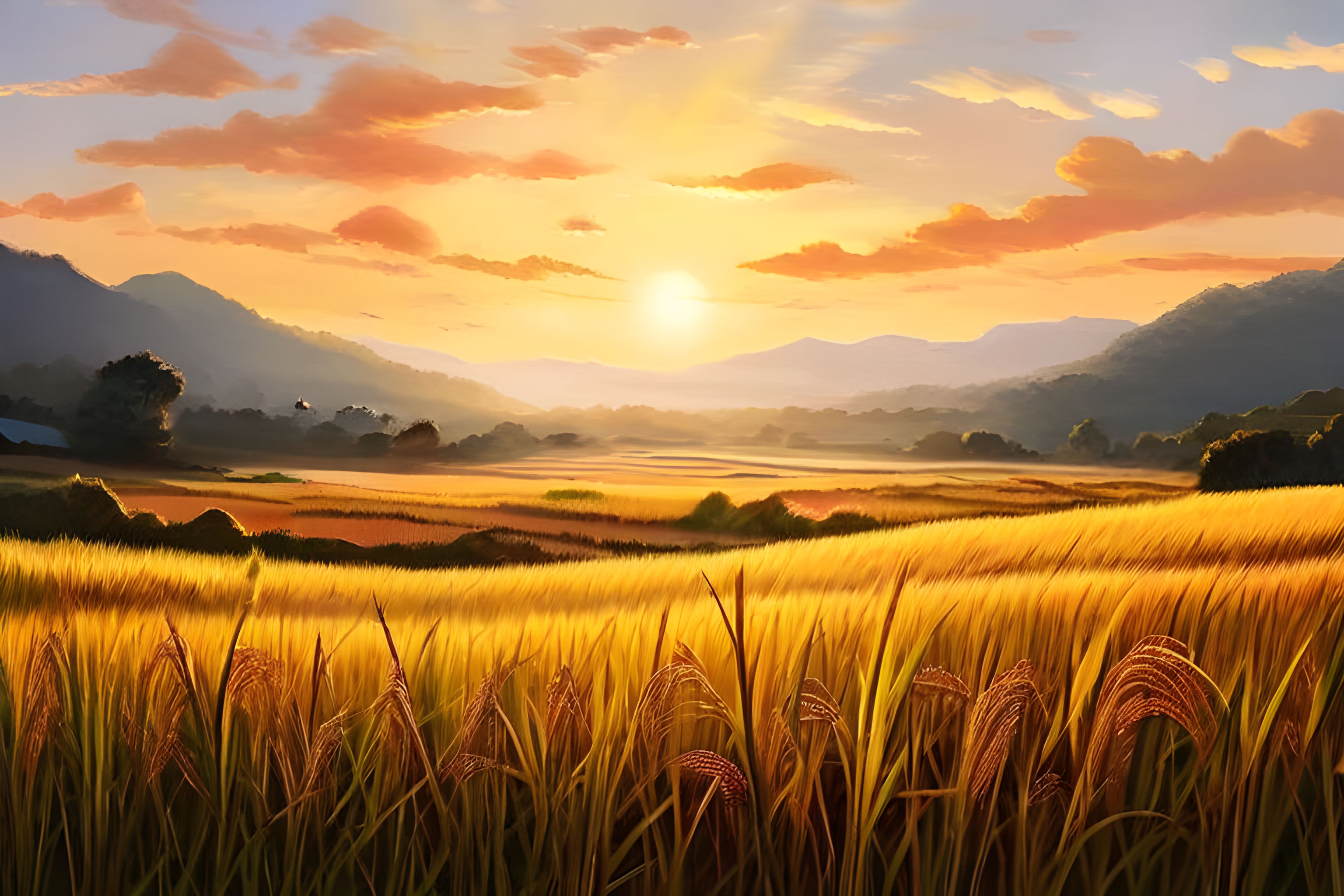 Windows 11-inspired wallpaper with sunrise shining over rice... by
