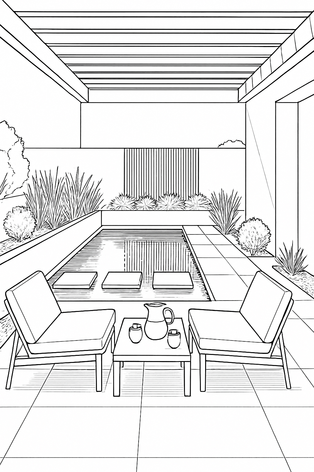 Modern Outdoor Patio and Pool Line Drawing Coloring Page