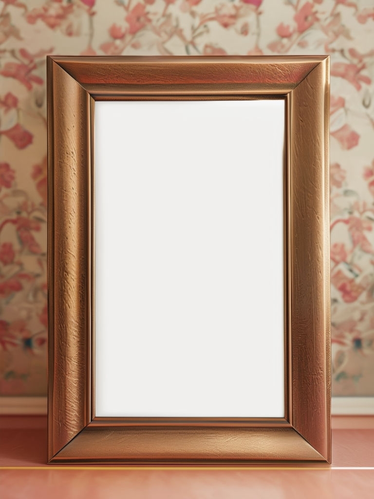 Elegant Brushed Bronze Metal Frame Mockup with Floral Wallpaper