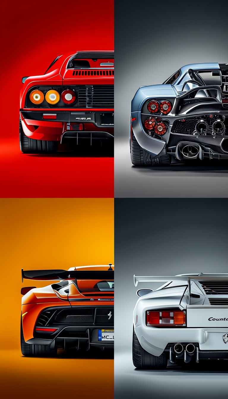 Iconic Sports Cars Rear View Poster Collection Featuring Ferrari, McLaren, Pagani, Lamborghini