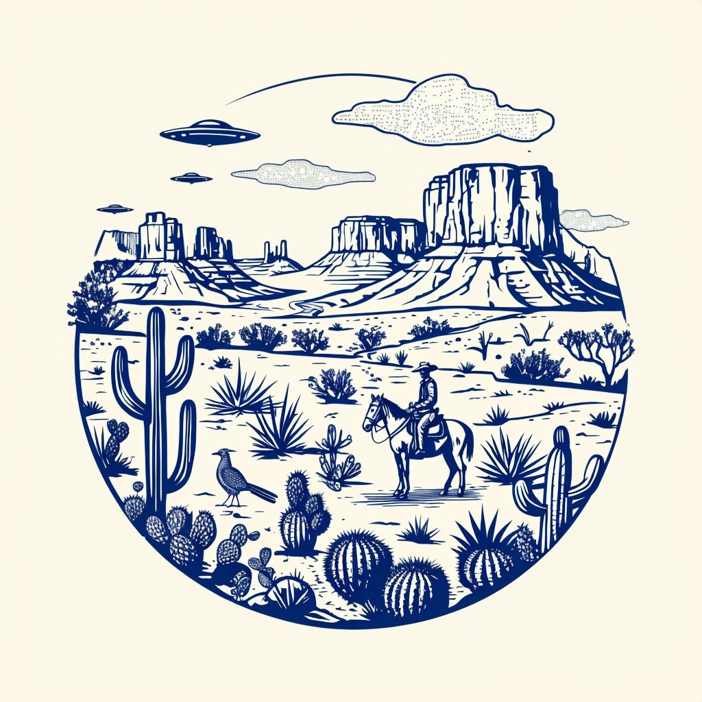 Whimsical Desert Landscape Illustration in Navy Blue Ink Mug