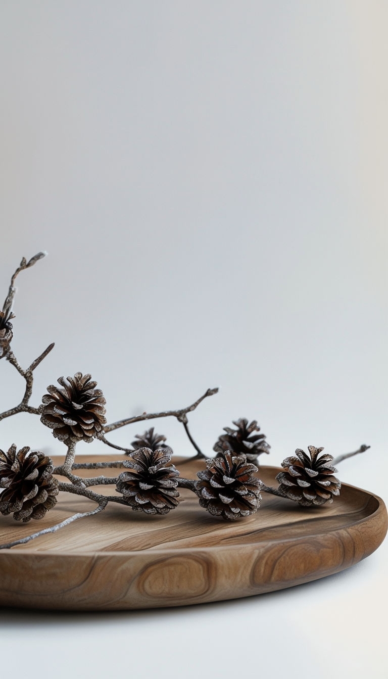 Minimalist Still Life of Wooden Plate and Pine Cones Mobile Wallpaper