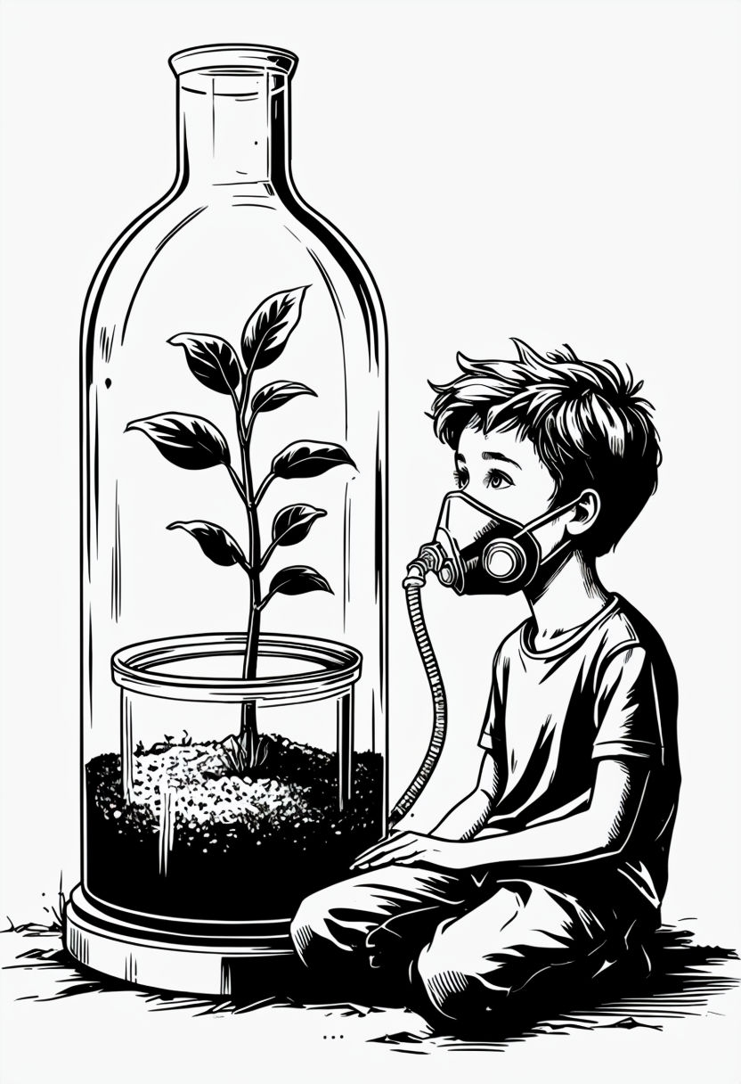 Surreal Black and White Illustration of Boy Nurturing Seedling Art