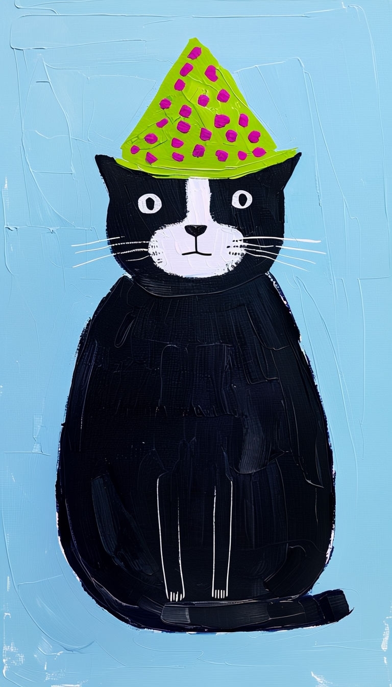 Stylized Seated Cat with Textured Fur and Bright Accessories Art