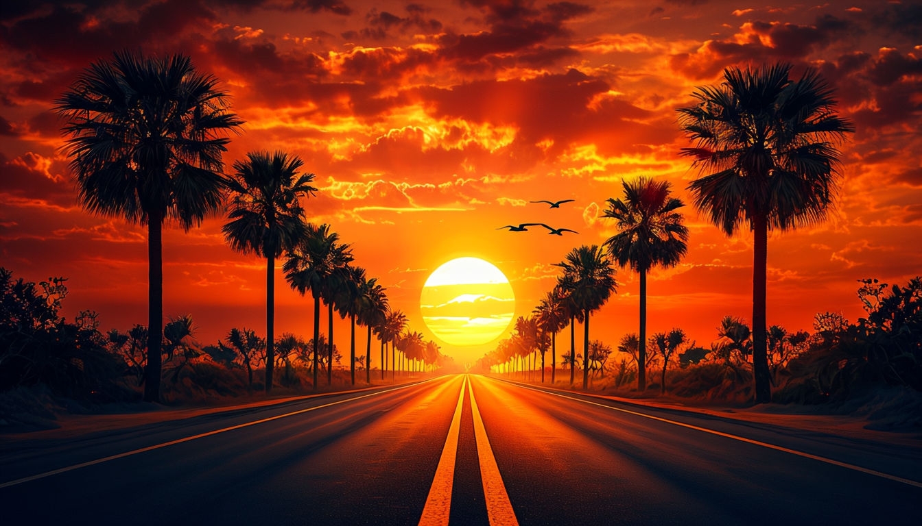 Majestic Sunset Road with Palm Trees Virtual Background