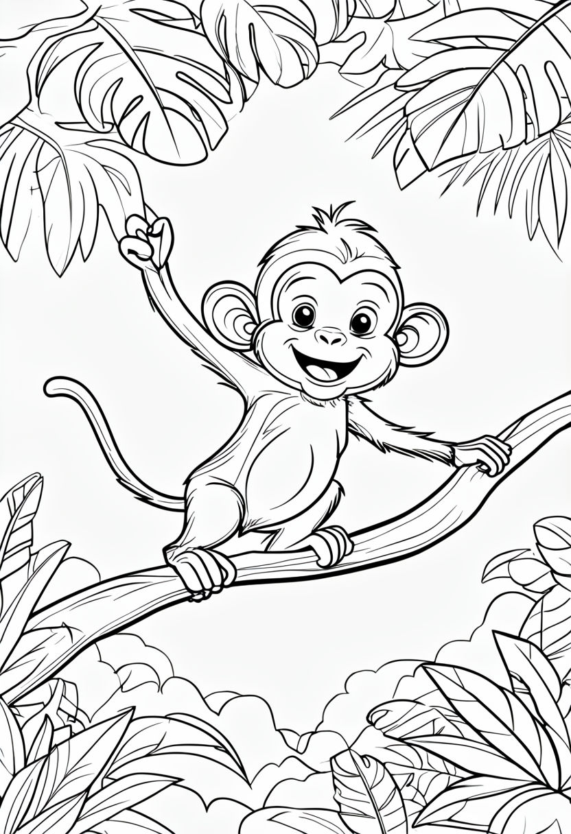 Cheerful Cartoon Monkey Swinging in Jungle Coloring Book Page