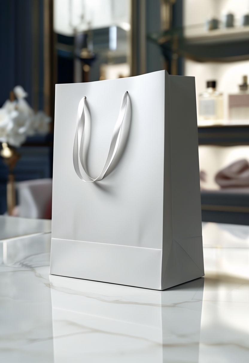 Elegant White Paper Gift Bag on Polished Marble Surface Mockup