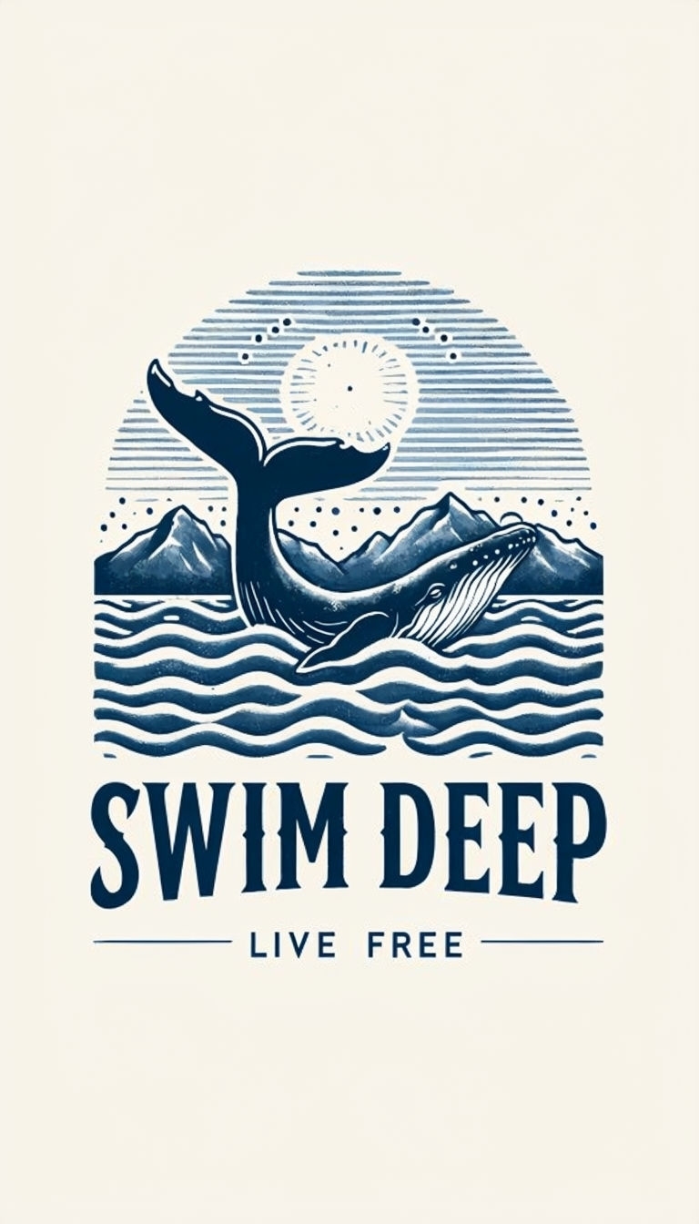 Elegant Whale Swim Deep Logo Design on Cream Background Poster