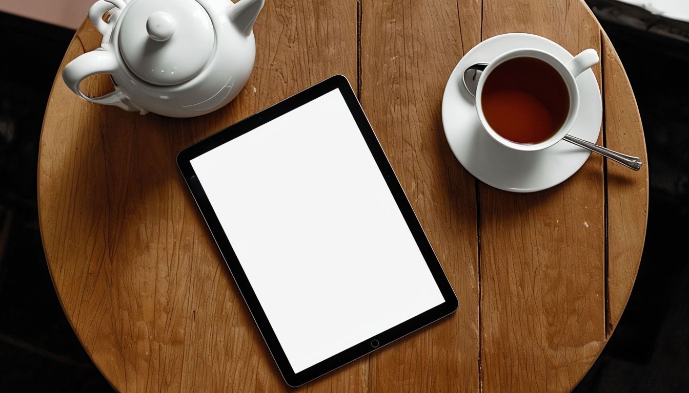 Cozy Cafe Setting with Tablet and Tea Set Mockup