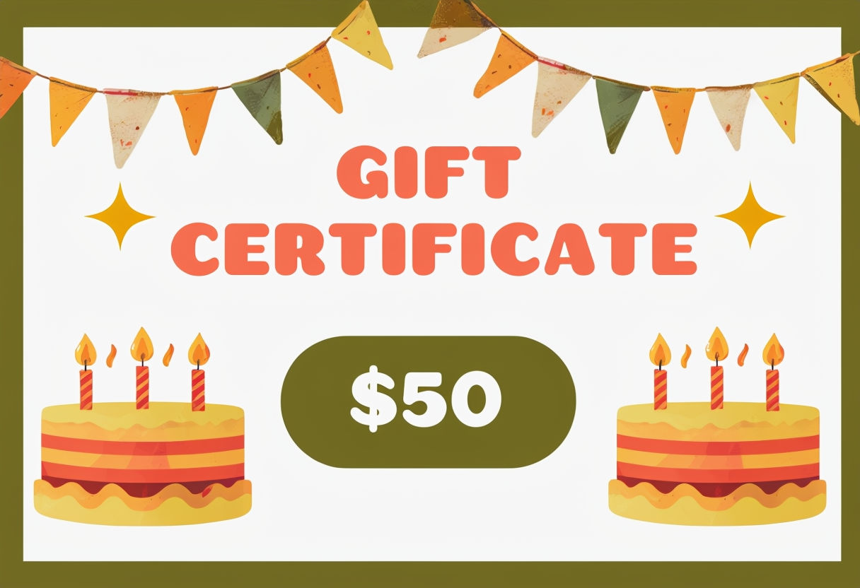 Festive Olive Green Gift Certificate with Colorful Bunting and Birthday Cakes Card