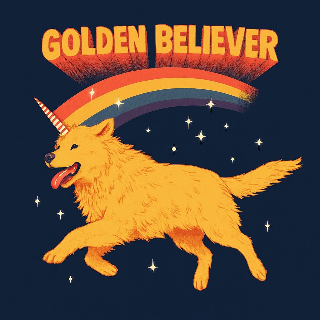 Whimsical Golden Unicorn Dog Illustration with Rainbow T-Shirt