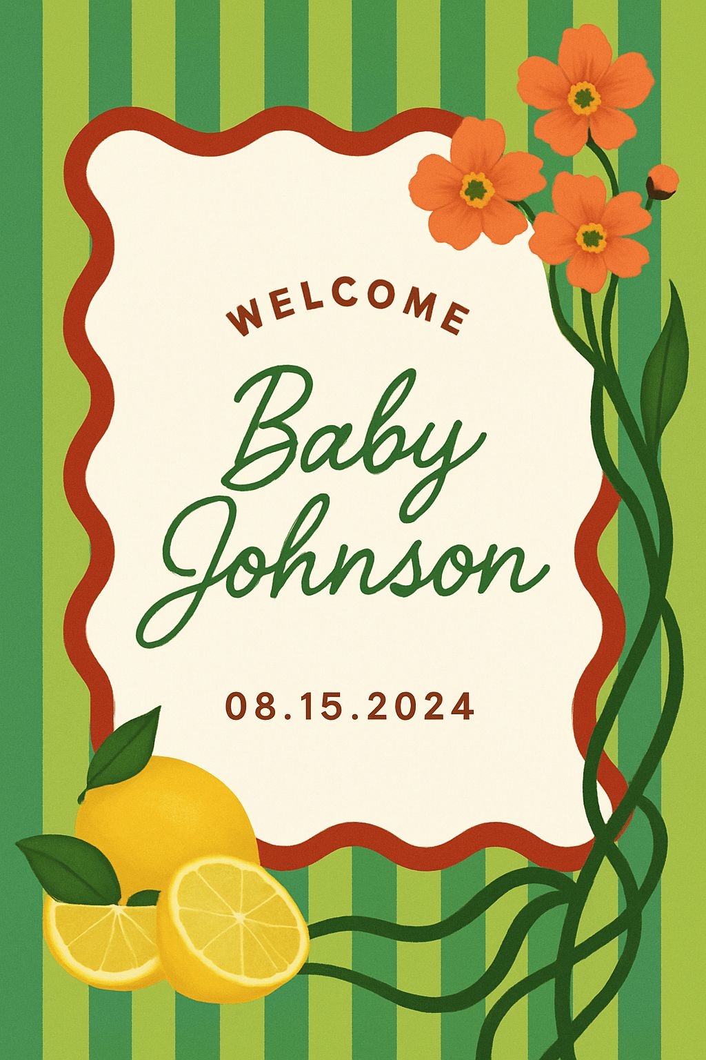 Welcoming Baby Johnson Card with Floral and Lemon Decorations Cards & Invites