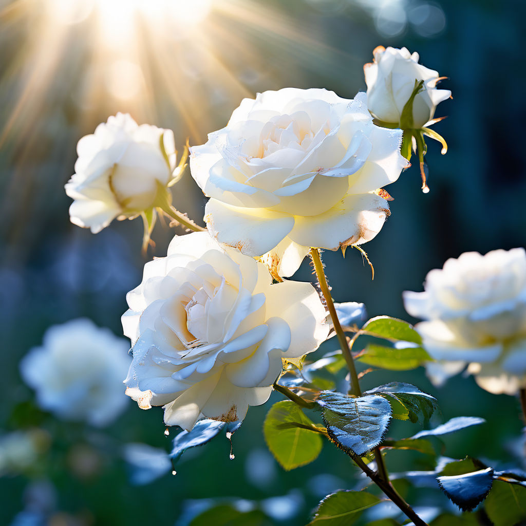 Prompt: White and silver roses plummet from the heavens, petals gracefully catching the sunlight, set against a backdrop of a deep blue sky, cascading towards a serene, green meadow, cada petal reflecting a sheen of ethereal, metallic light, high-speed shutter capture, ultra fine details, dramatic lighting.