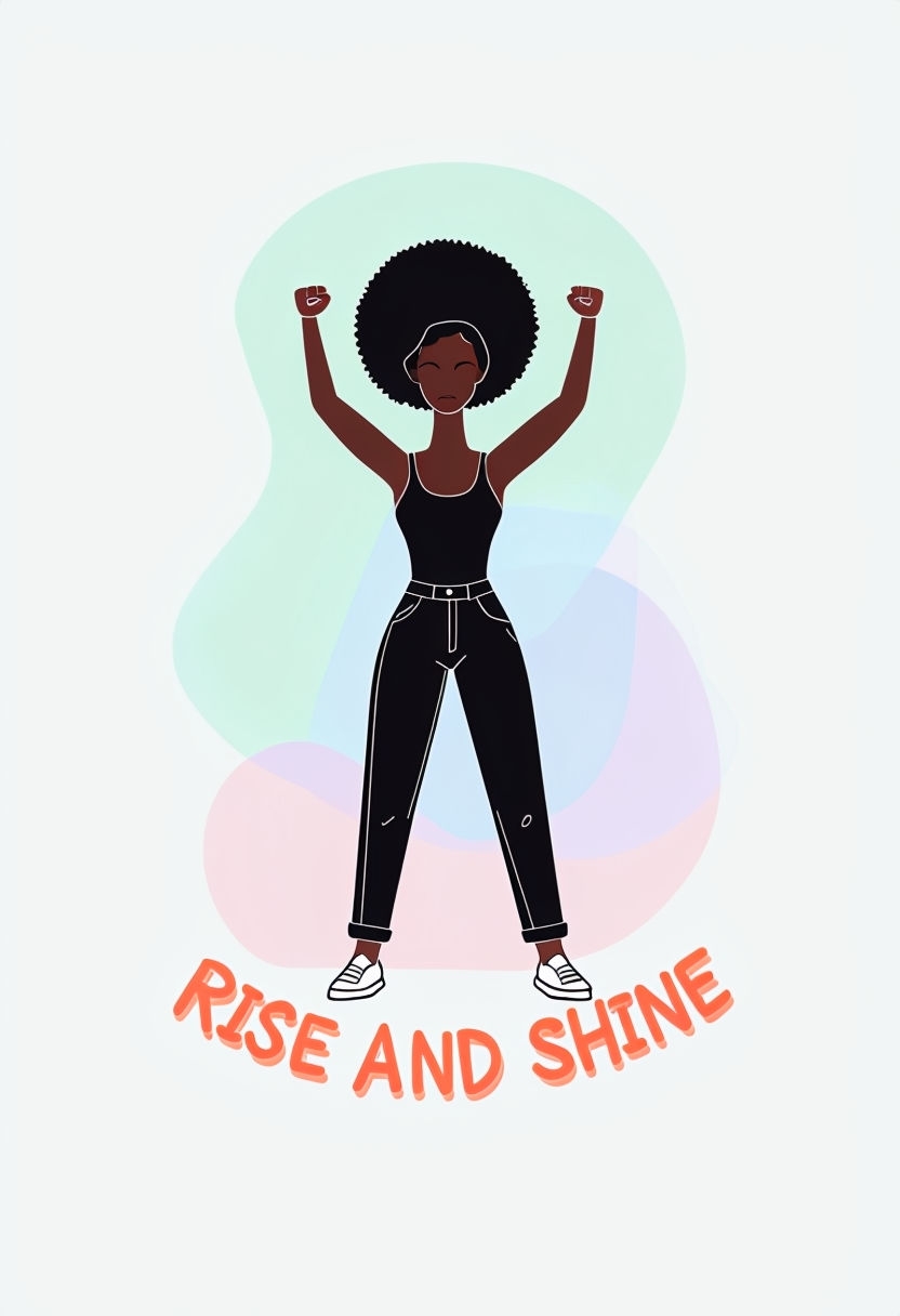 Empowering Black Woman Victory Pose with RISE AND SHINE Art