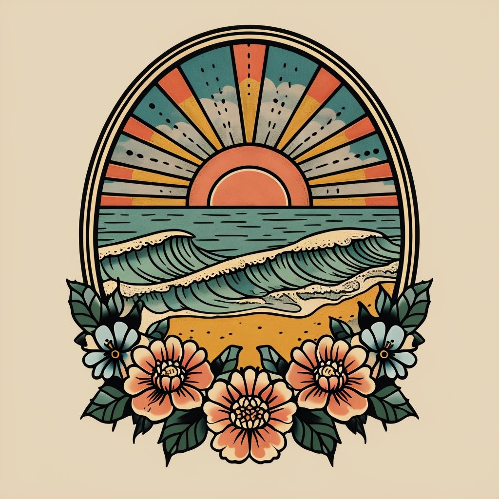 Vintage Beach Sunset Illustration with Floral Frame T-Shirt