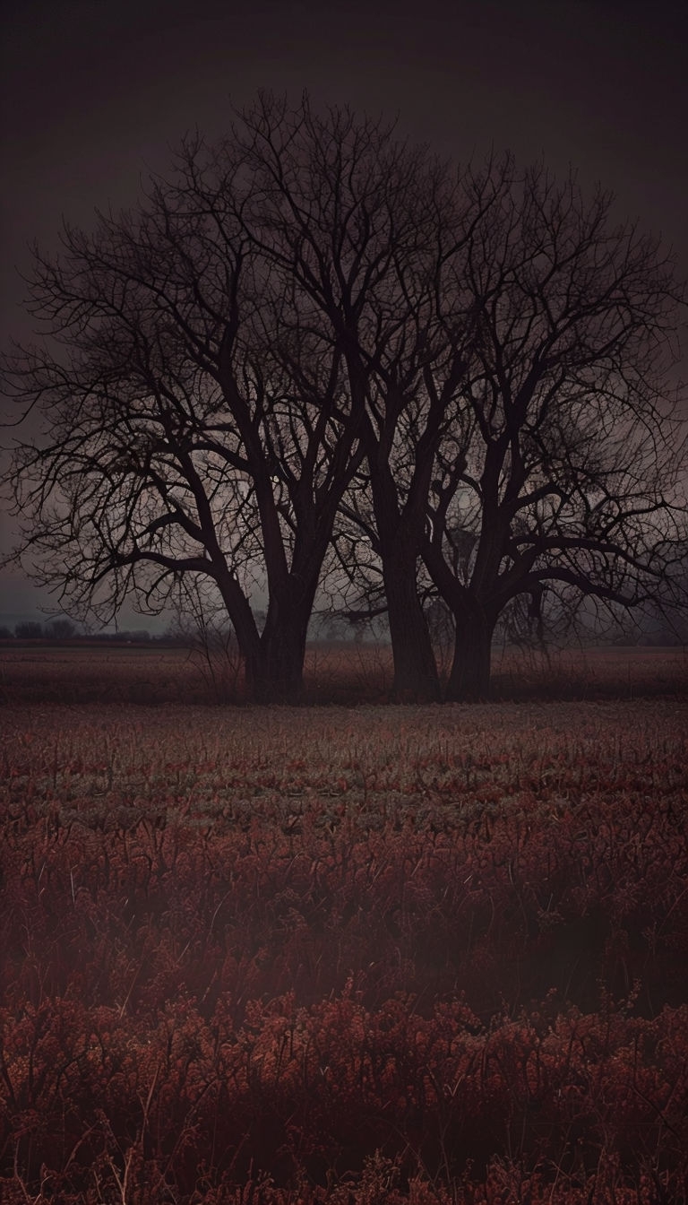 Eerie Nighttime Landscape with Leafless Trees Mobile Wallpaper