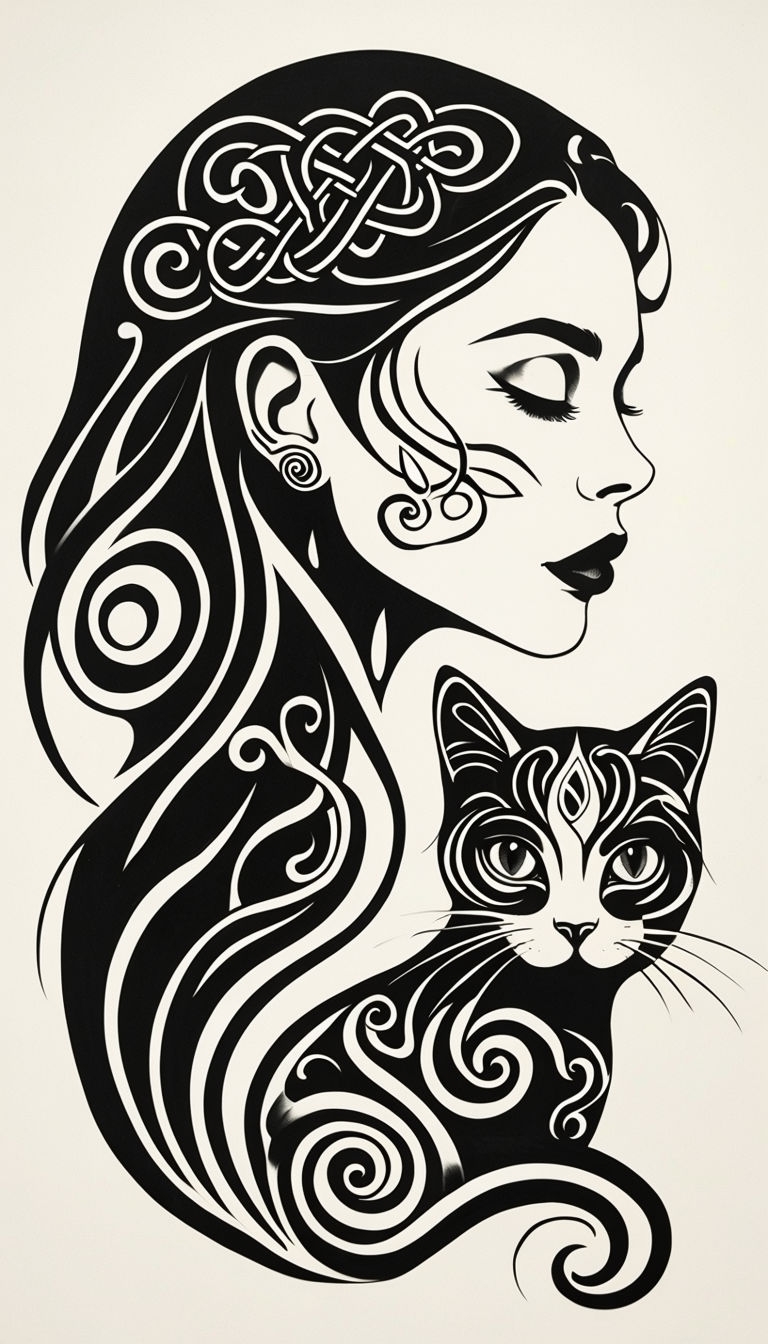 Tribal-Inspired Woman and Cat Line Art Illustration Art