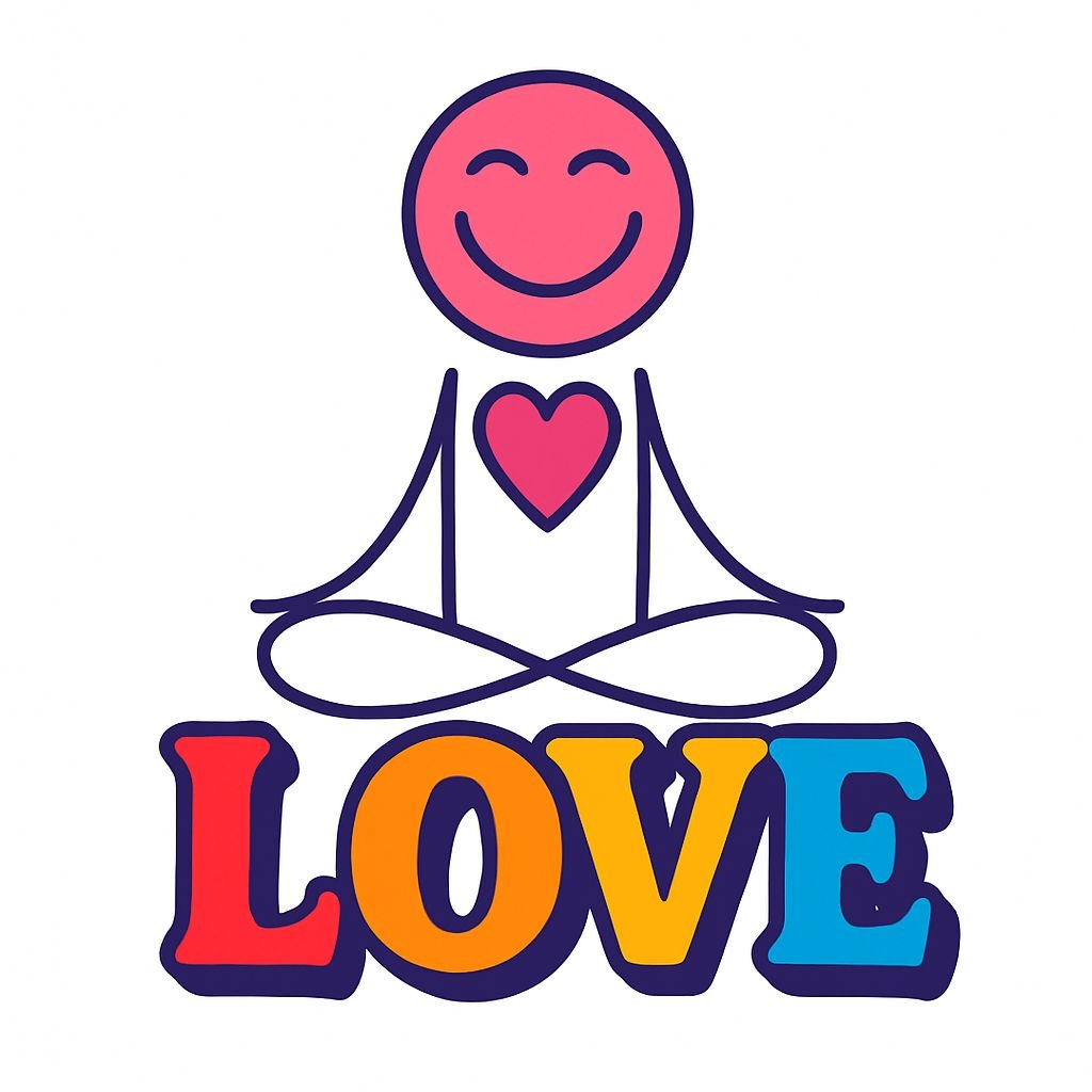 Meditative Figure with Colorful Love Text Illustration Mug