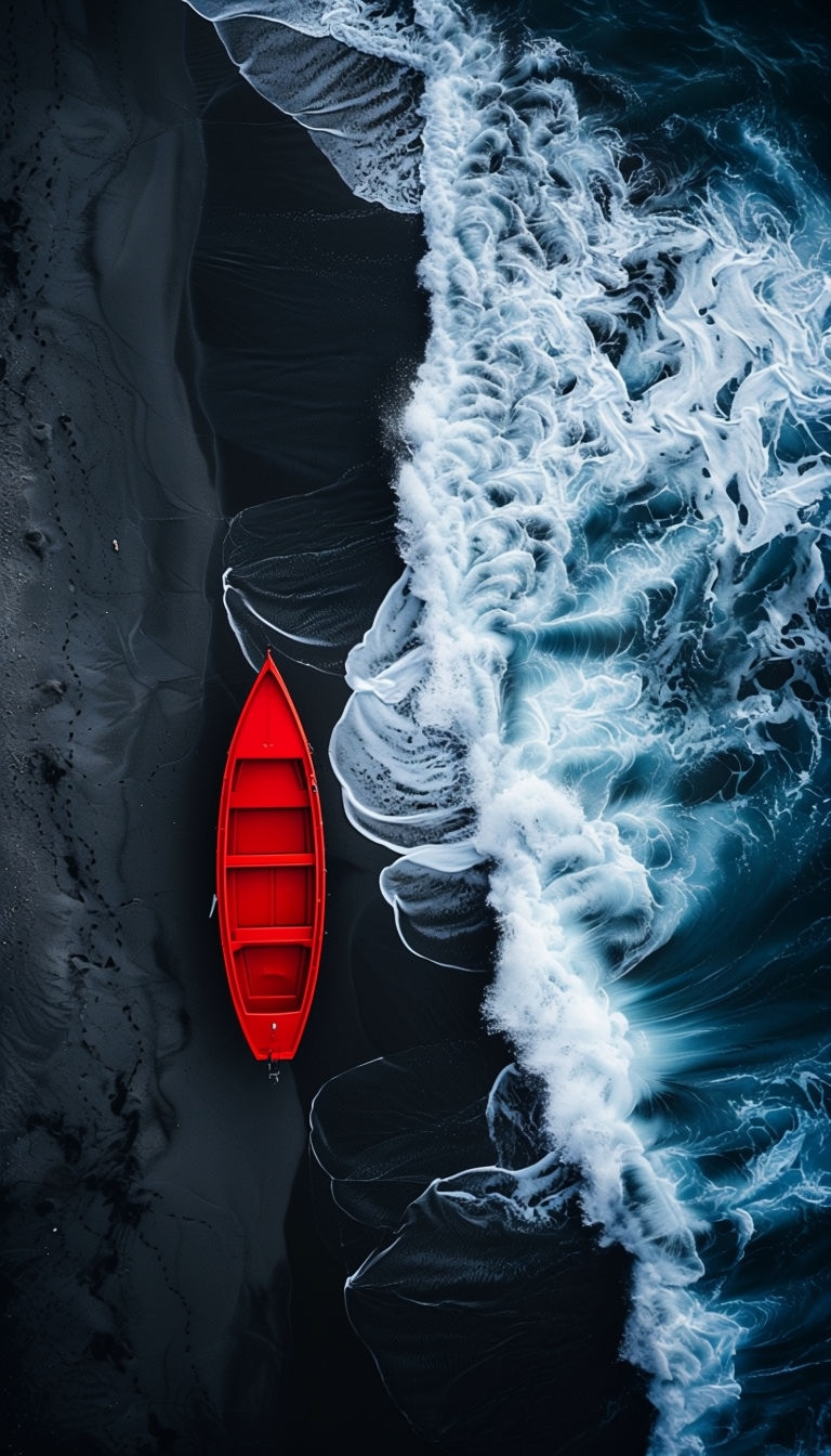 Vibrant Red Boat on Black Sand Beach Aerial Photography Poster