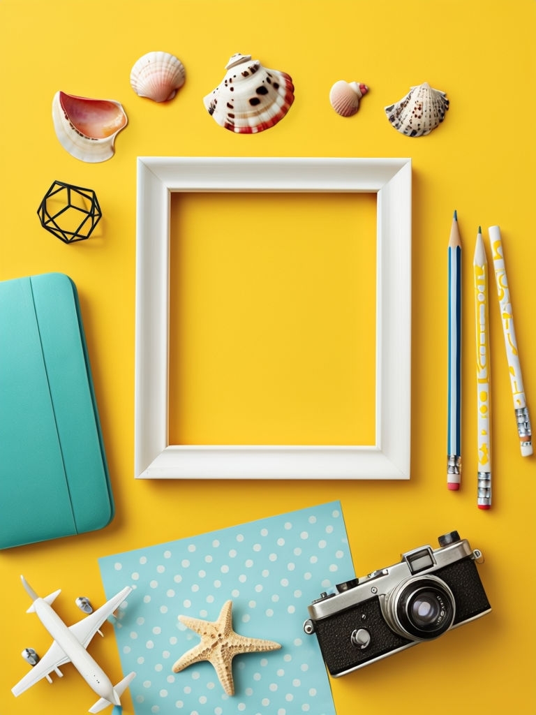 Vibrant Flat Lay Composition with Bright Objects and Frame Social Media Post