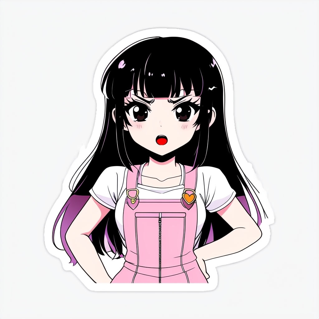 Expressive Anime Girl with Black Hair and Pink Overalls Sticker