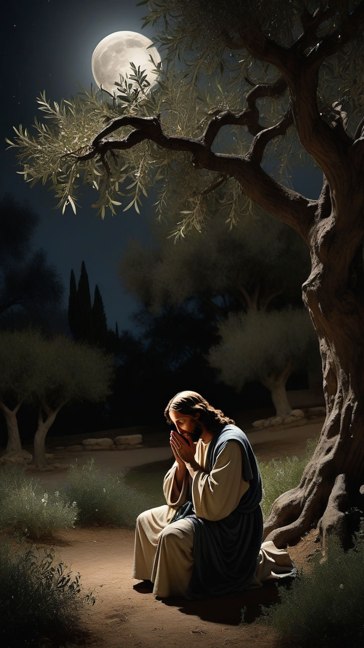 Imagine a cinematic scene of Jesus in the Garden of Gethsema... by ...