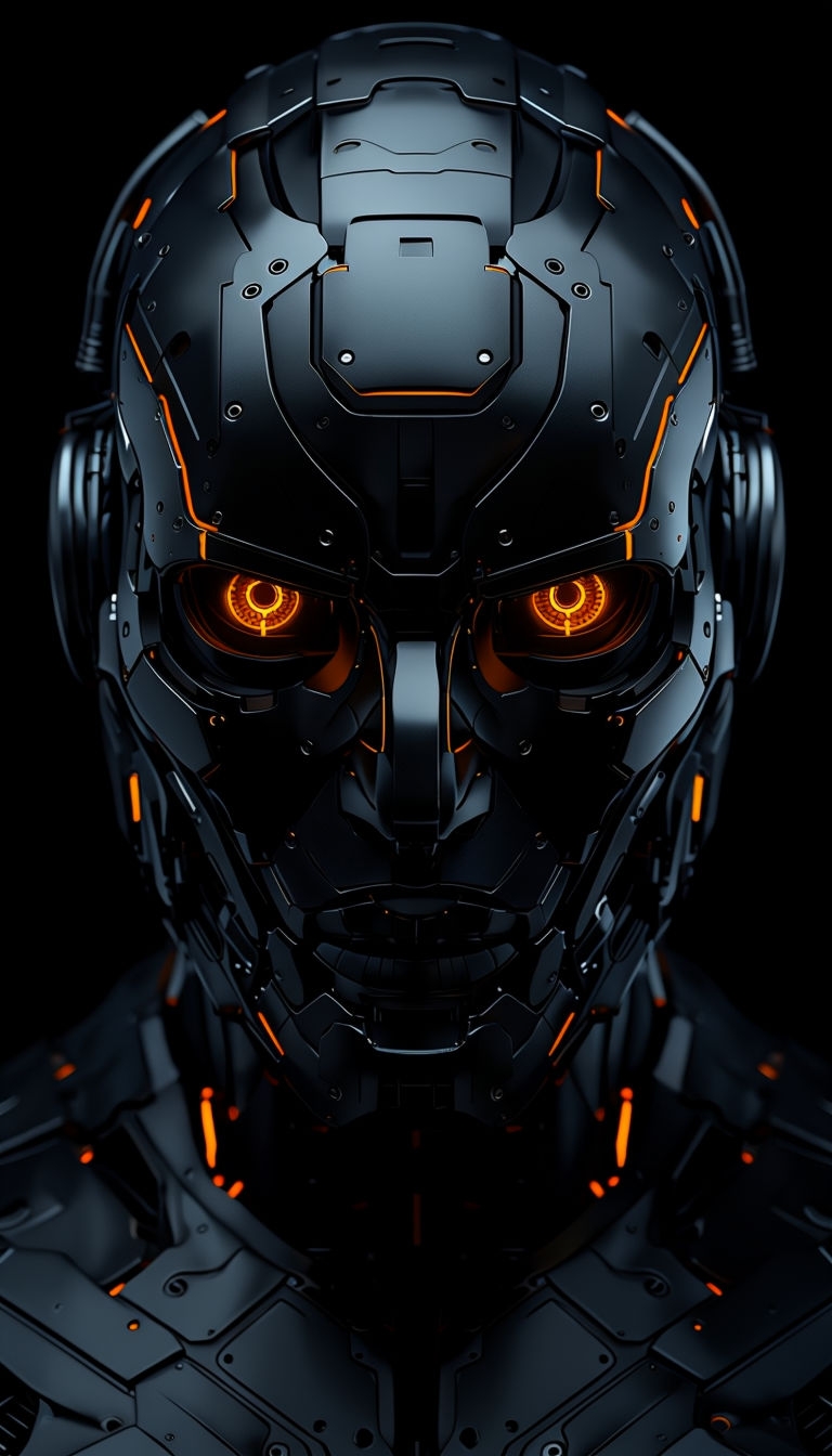 Intricate Futuristic Robotic Face Design with Amber Accents Mobile Wallpaper
