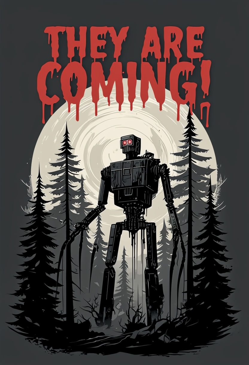 Eerie Horror Book Cover Featuring Sinister Robot in Dark Forest Night Scene