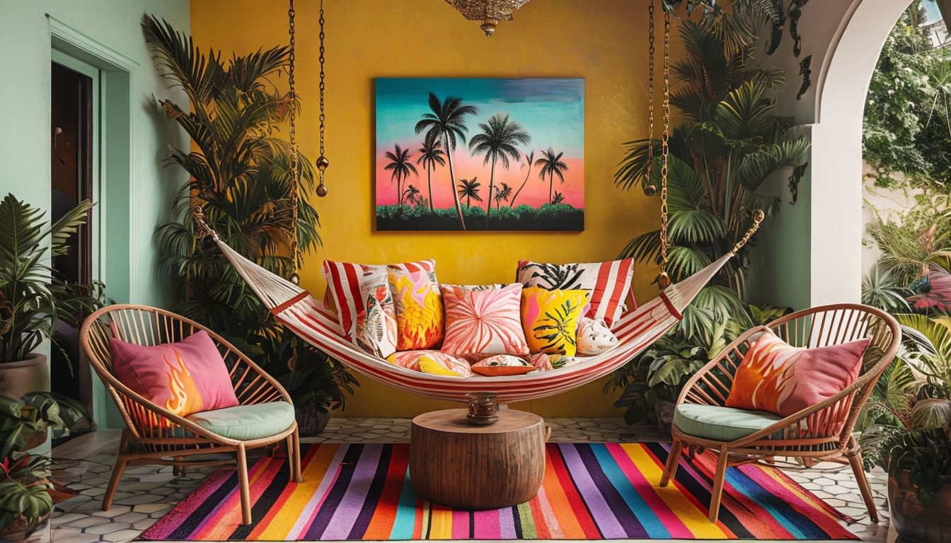 Vibrant Tropical Outdoor Seating Area with Colorful Hammock Art