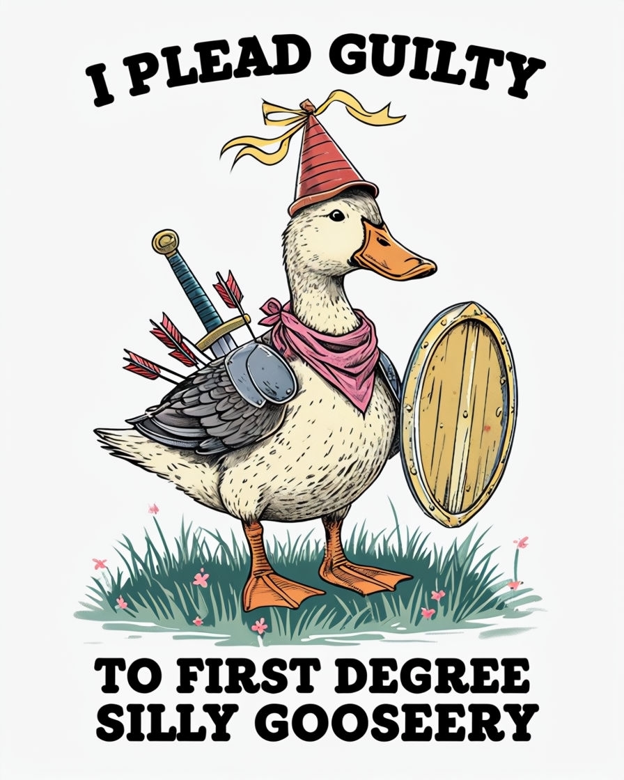 Whimsical Cartoon Duck in Armor with Humorous Text T-Shirt