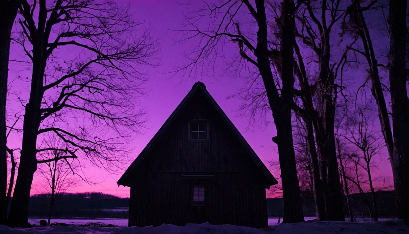 Mysterious Dark Wooden House Under Purple Dusk Sky Background
