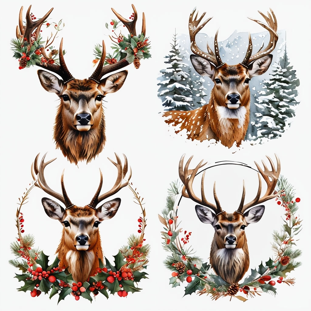 Elegant Watercolor Deer Heads with Floral Accents Pattern