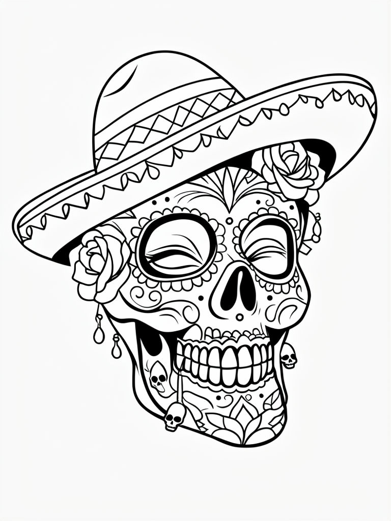 Intricate Day of the Dead Sugar Skull Coloring Page Design