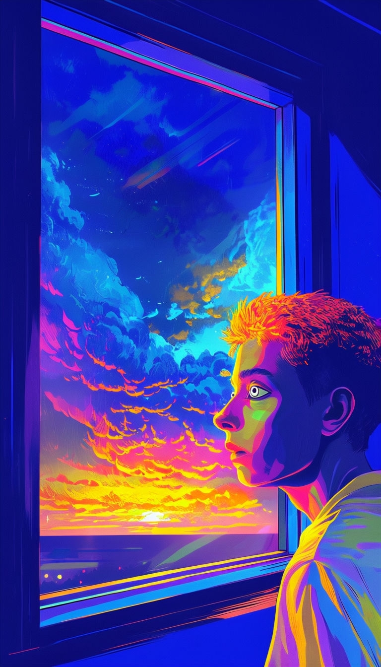 Surreal Figure Gazing at Vibrant Abstract Sky Wallpaper