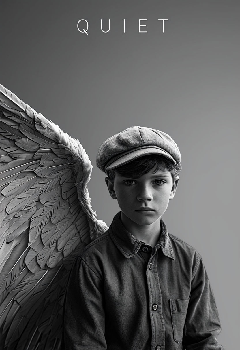 Young Boy with Bird Wings and 'QUIET' Text Black and White Poster