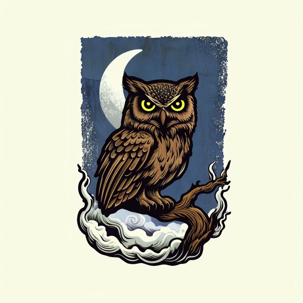 Stylized Watchful Owl Perched on Branch T-Shirt