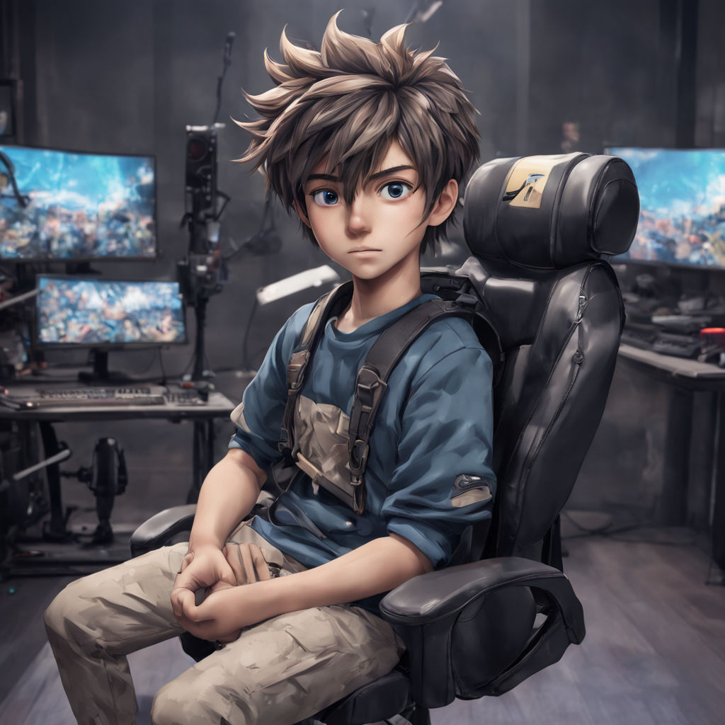 Anime boy character sitting on chair front face position with mic behind a  table in studio his shirt color is yellow wearing black jacket with loads  of futuristic gadgets content creator