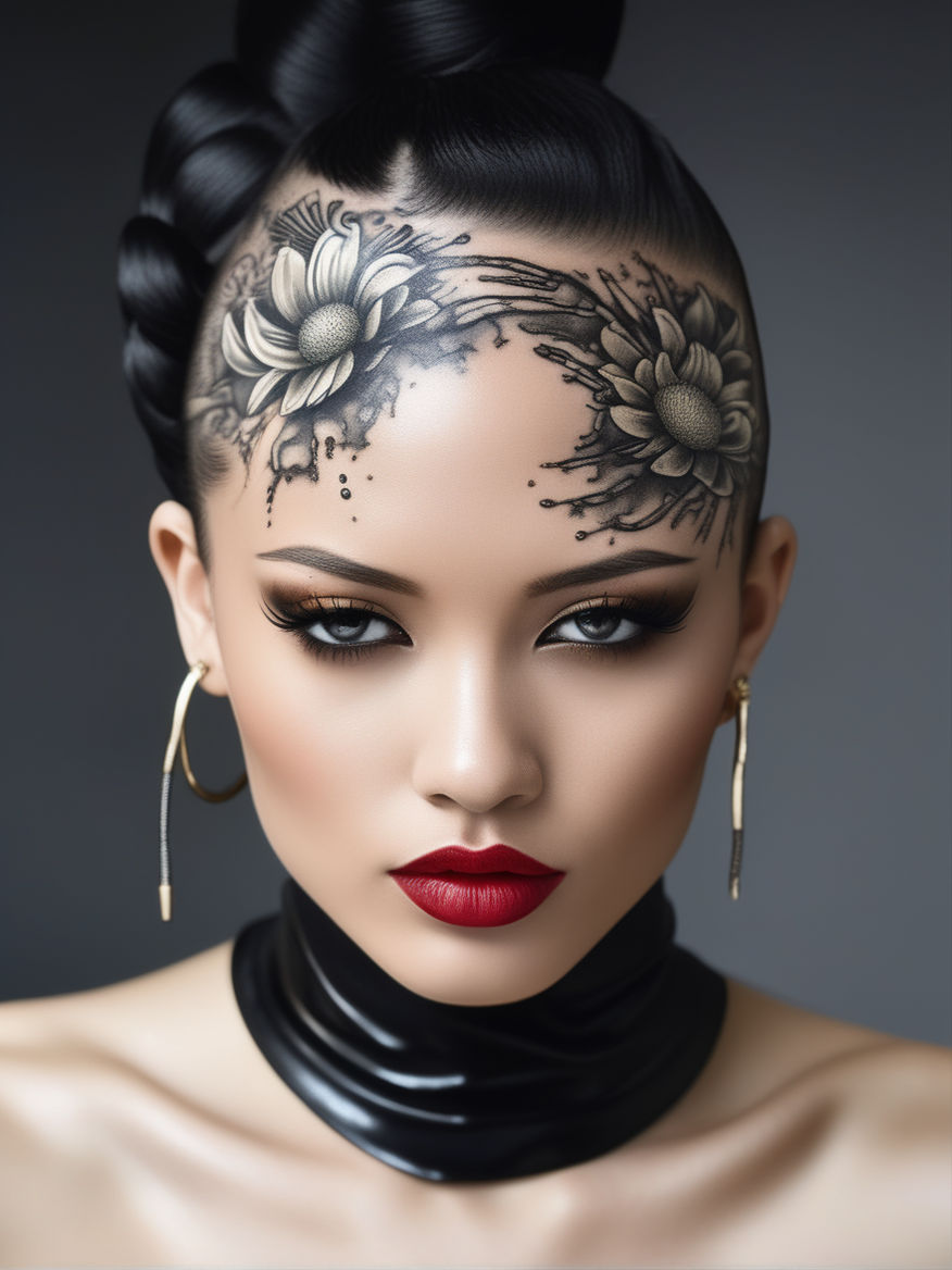 Beautiful woman portrait with a vagina tattoo on her forehead