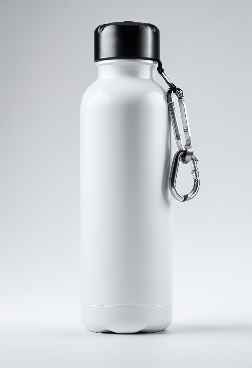 Sleek White Aluminum Water Bottle with Carabiner Product Mockup