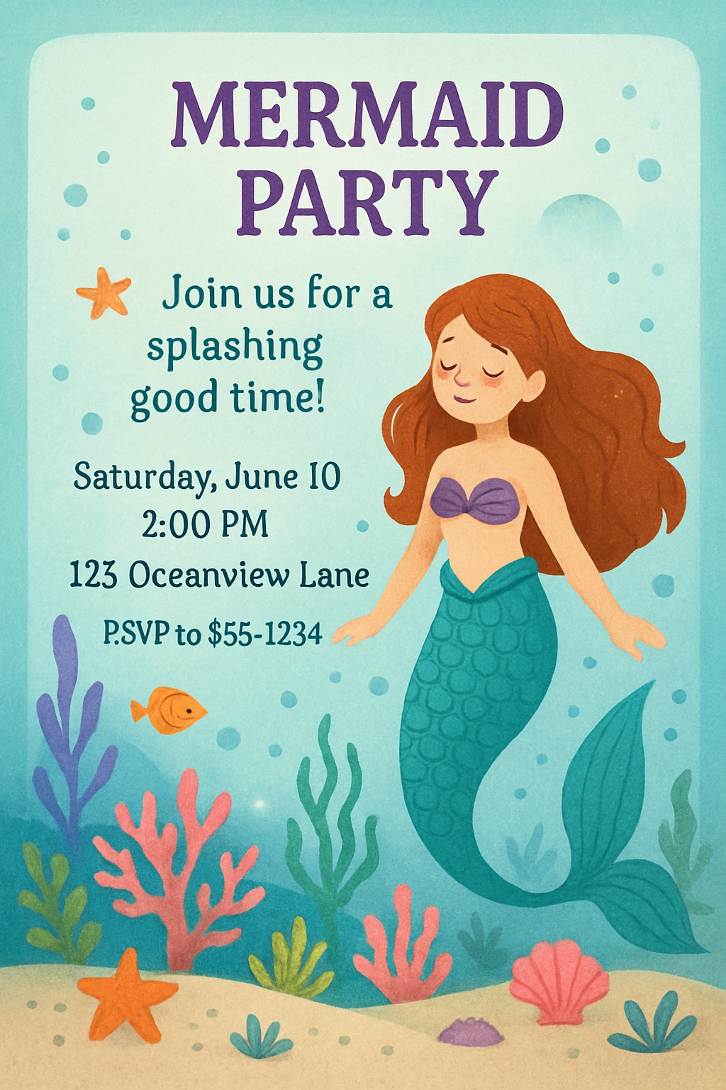 Colorful Mermaid Party Invitation Poster for Underwater Theme Cards & Invites