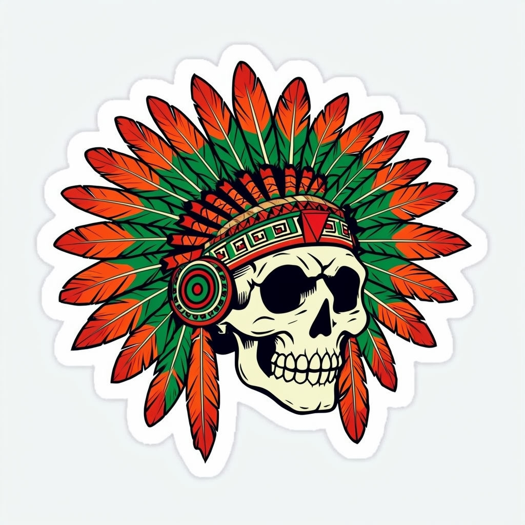 Vibrant Skull with Native American Headdress Sticker Design